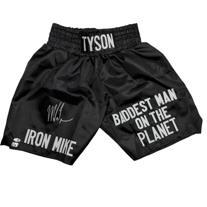 Autographed/Signed Mike Tyson Iron Mike Baddest Man on the Planet Black Boxing Trunks JSA COA