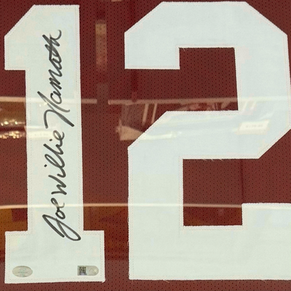 Joe Namath Autographed Alabama (Crimson #12 STAT Embroidered) Deluxe Framed Jersey - JSA