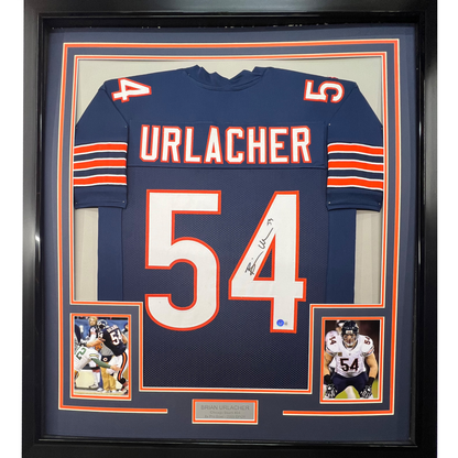 Framed Autographed/Signed Brian Urlacher 35x39 Chicago Bears Blue Football Jersey Beckett BAS COA